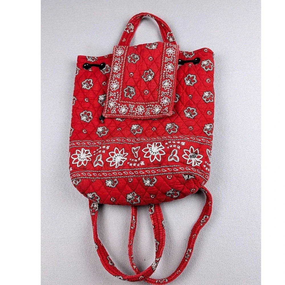Vera Bradley Red Bandana Floral Quilted Cotton Backpack Drawstring‎ Small Bag